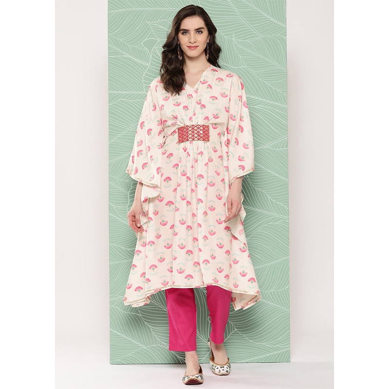 Off White Readymade Silk Kurti - JD986602568