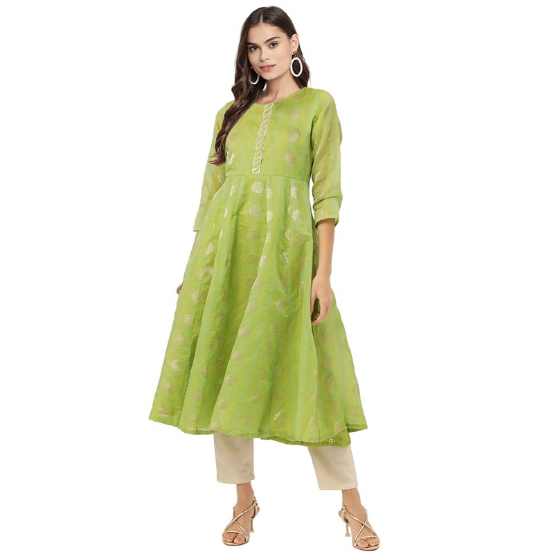 Olive Green Readymade Chanderi Kurti - JD986602634