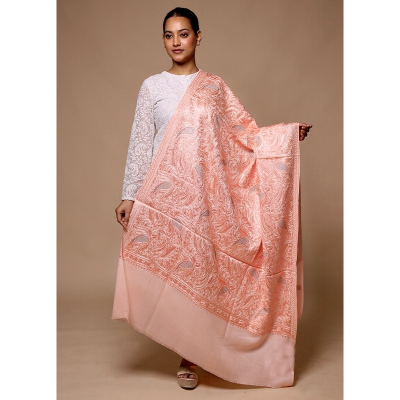 Peach Butta Work With Zari Woven Border Shawl - JD986602675