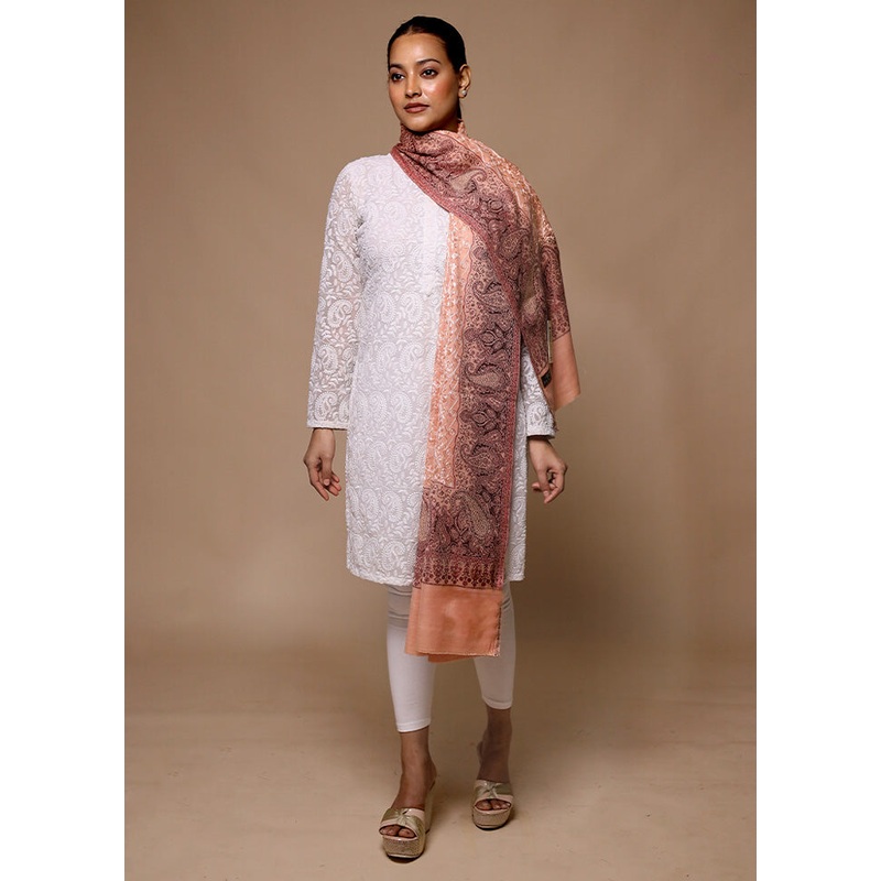 Peach Butta Work With Zari Woven Border Shawl - JD986602676