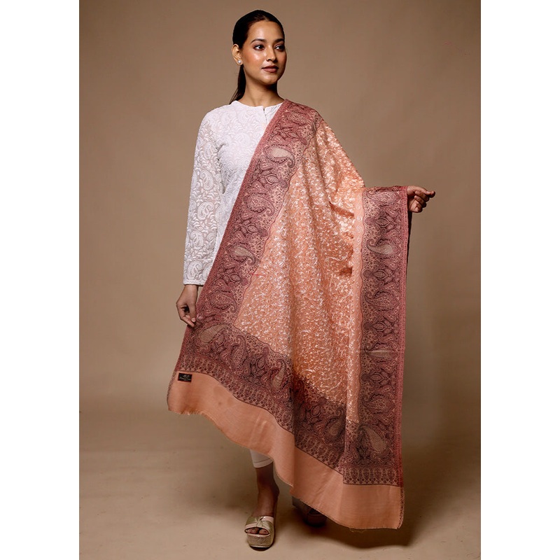Peach Butta Work With Zari Woven Border Shawl - JD986602677