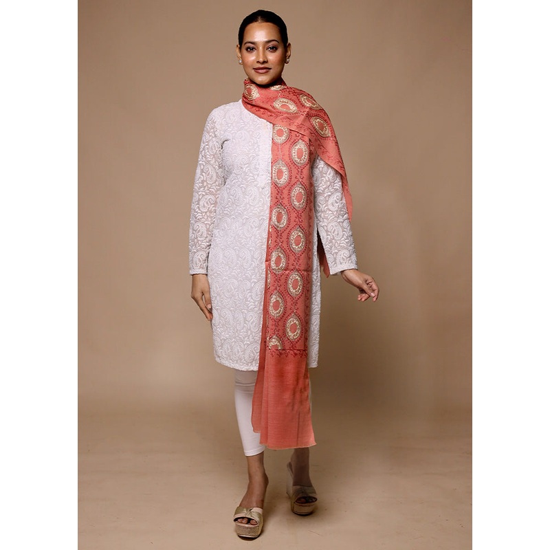 Peach Butta Work With Zari Woven Border Shawl - JD986602678