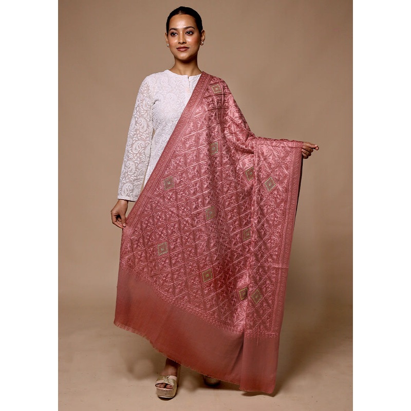 Peach Butta Work With Zari Woven Border Shawl - JD986602679