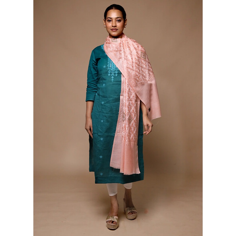 Peach Butta Work With Zari Woven Border Shawl - JD986602680