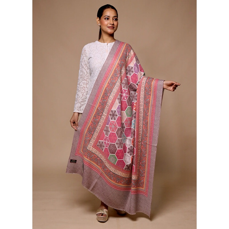 Pink Butta Work With Zari Woven Border Shawl - JD986602667
