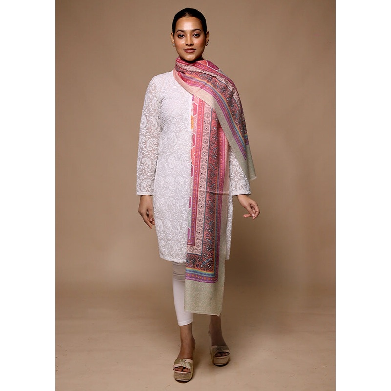 Pink Butta Work With Zari Woven Border Shawl - JD986602668