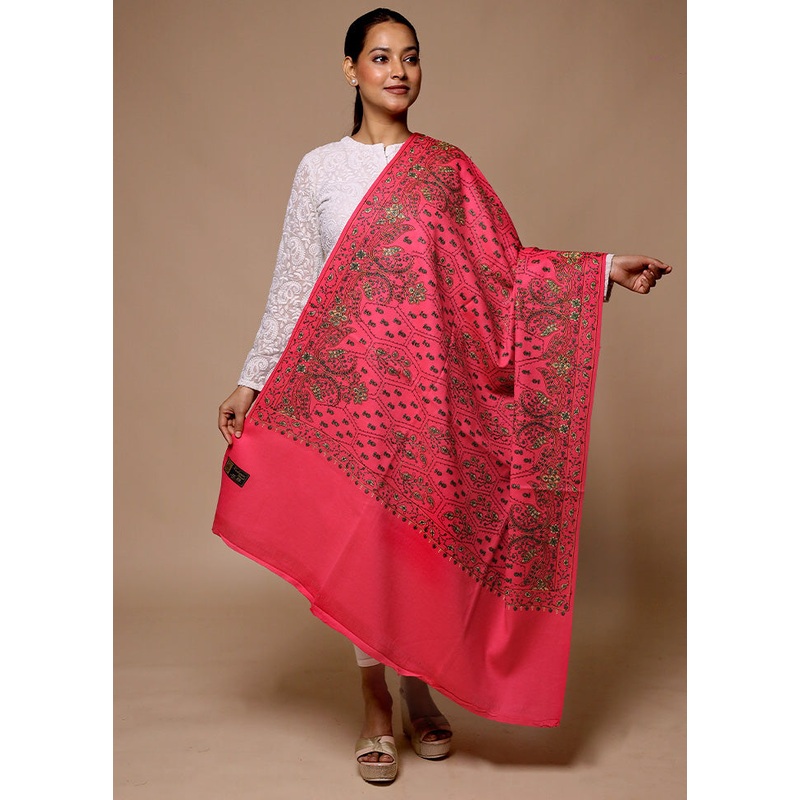Pink Butta Work With Zari Woven Border Shawl - JD986602669
