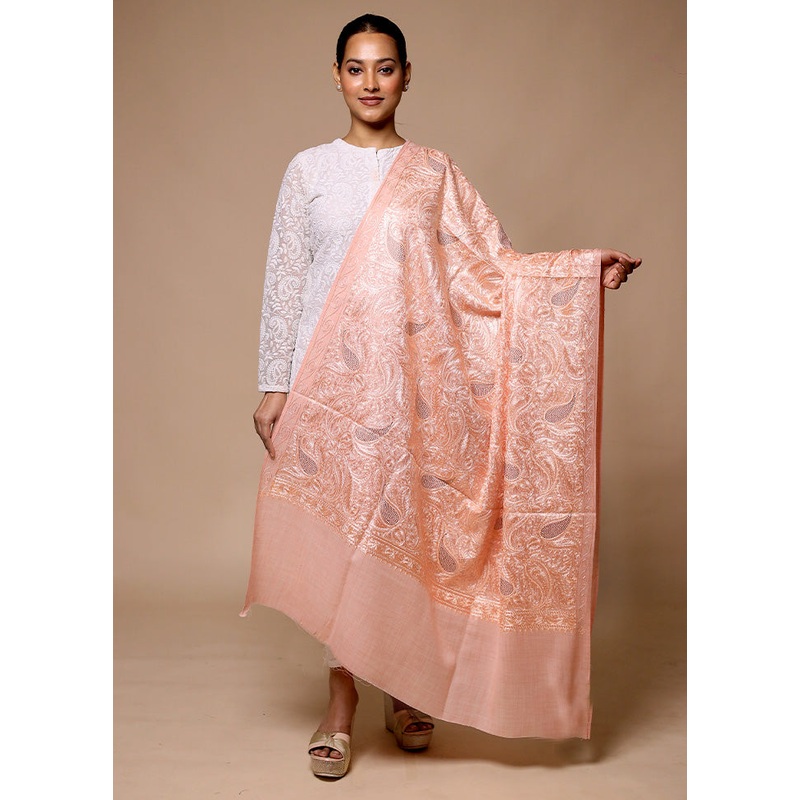 Pink Butta Work With Zari Woven Border Shawl - JD986602670