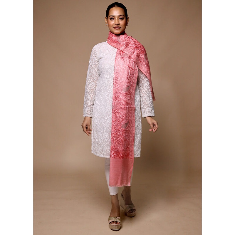 Pink Butta Work With Zari Woven Border Shawl - JD986602671
