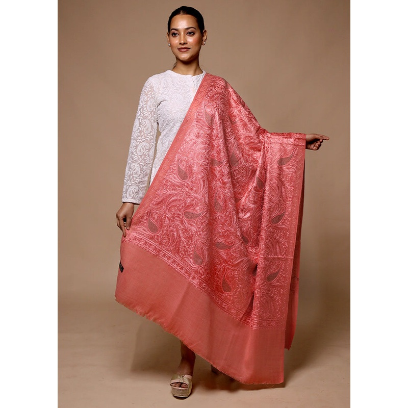 Pink Butta Work With Zari Woven Border Shawl - JD986602672