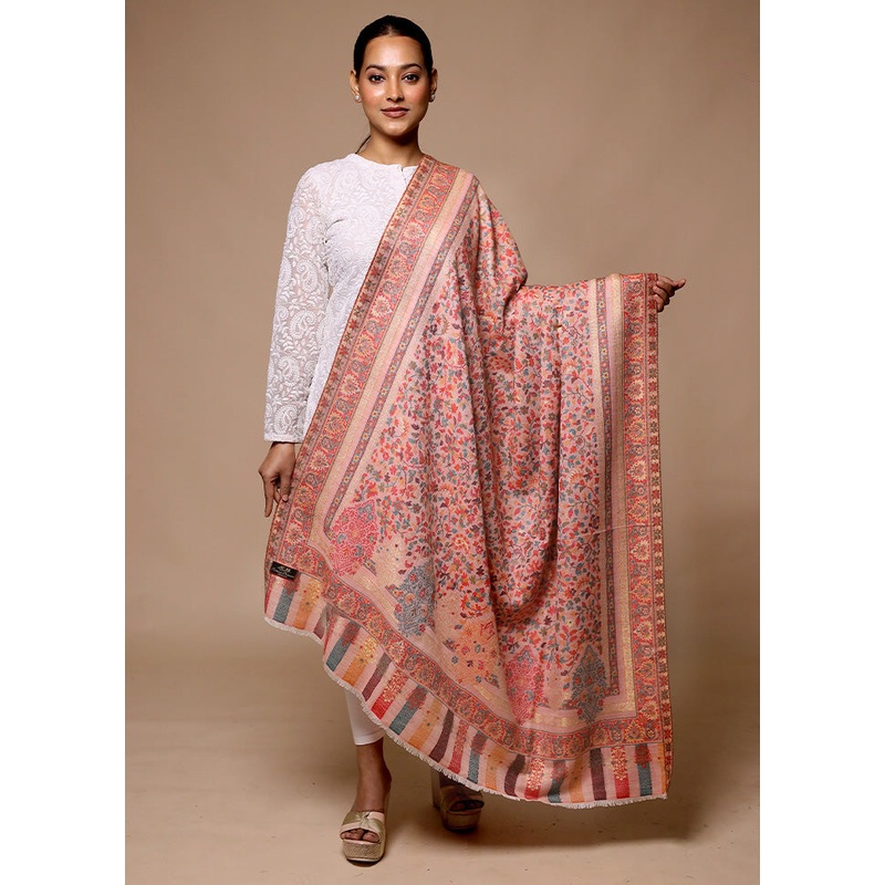 Pink Butta Work With Zari Woven Border Shawl - JD986602673