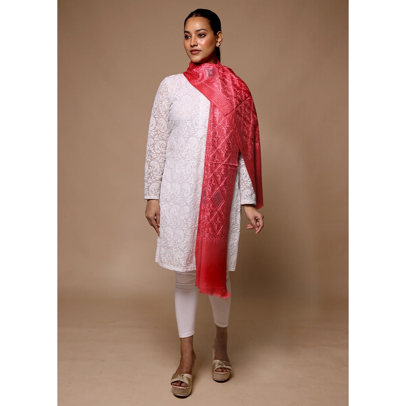 Pink Butta Work With Zari Woven Border Shawl - JD986602674