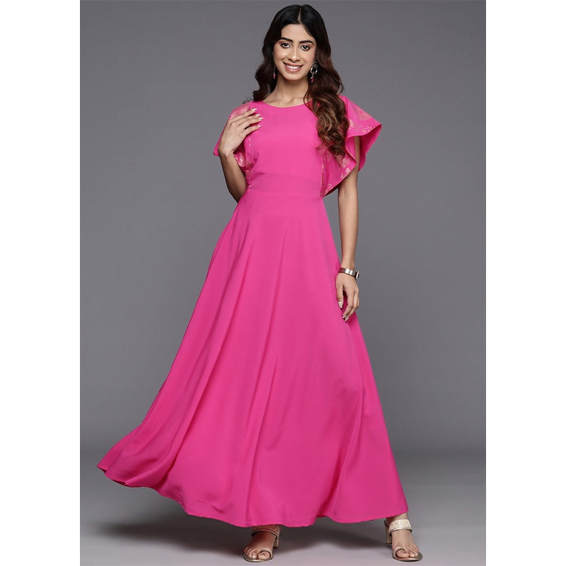 Pink Readymade Silk Indian Dress - JD986602518