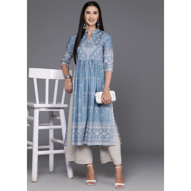 Powder Blue Readymade Cotton Kurti - JD986602557