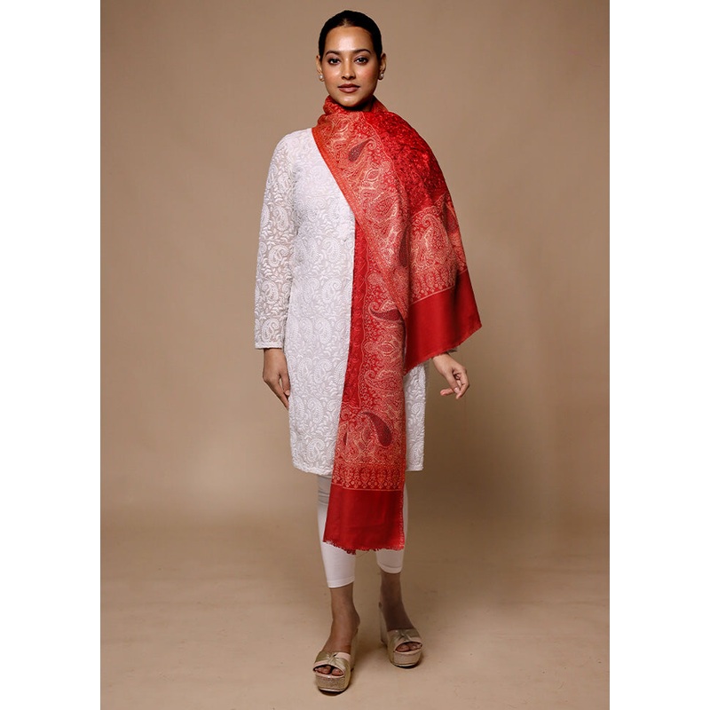 Red Butta Work With Zari Woven Border Shawl - JD986602656