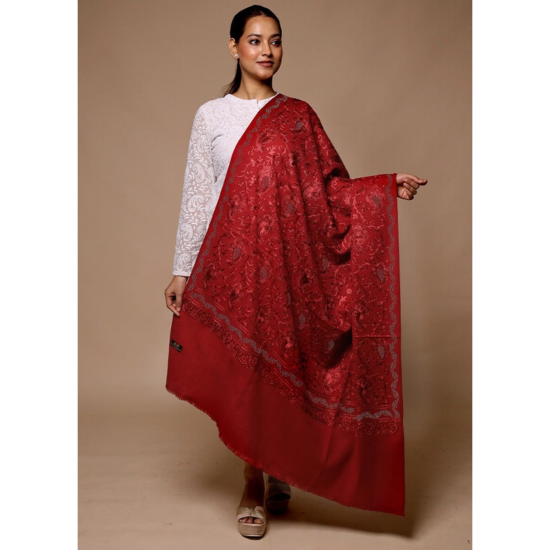 Red Butta Work With Zari Woven Border Shawl - JD986602657