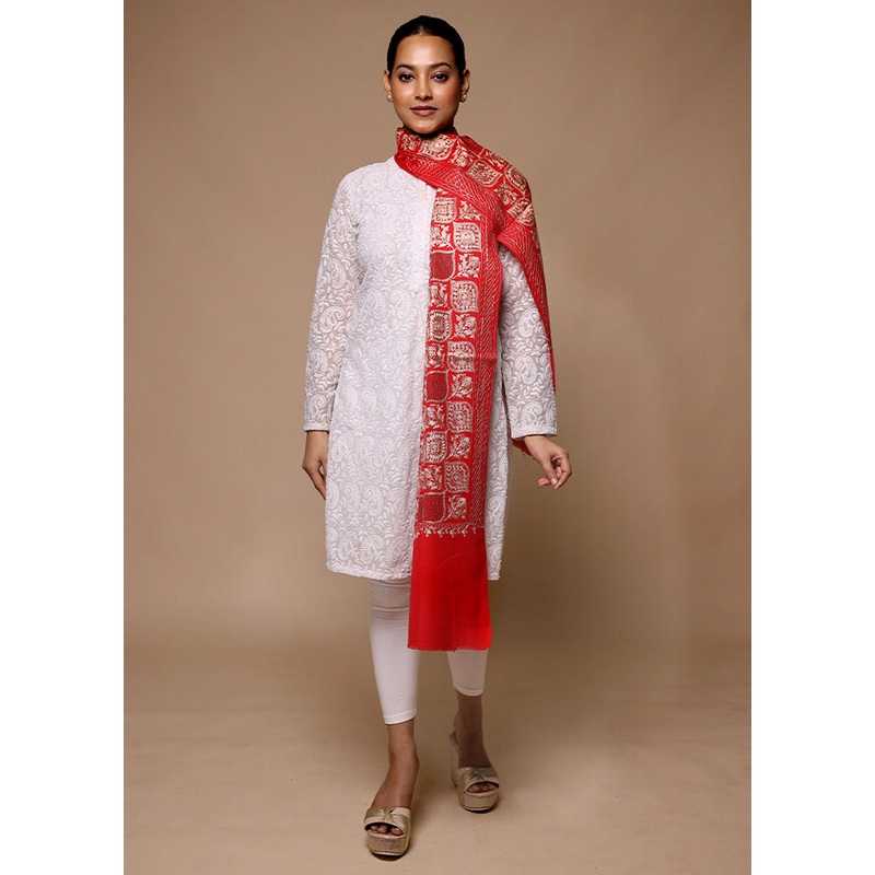 Red Butta Work With Zari Woven Border Shawl - JD986602659
