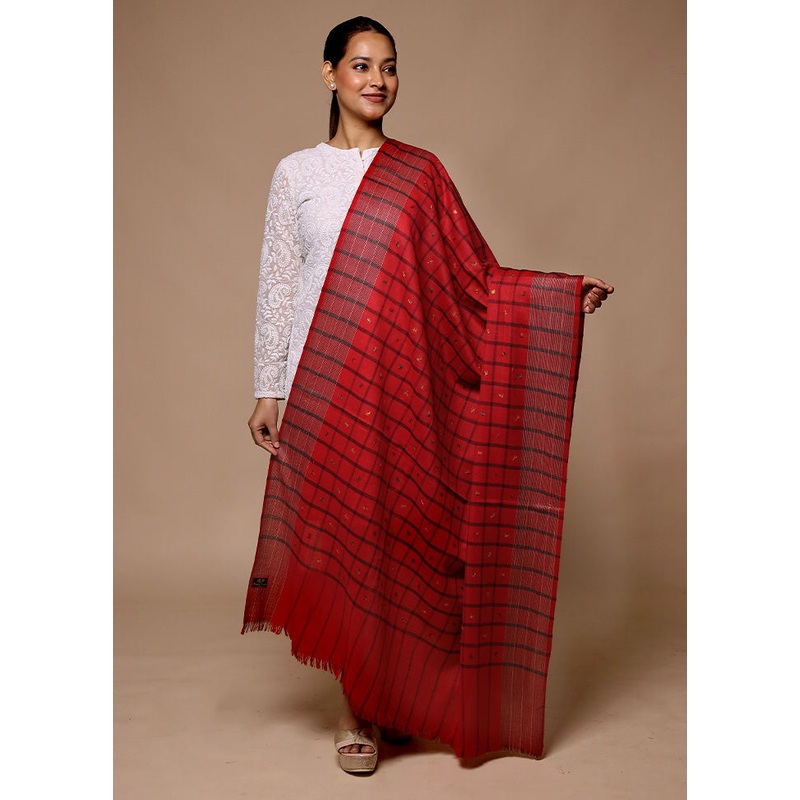Red Butta Work With Zari Woven Border Shawl - JD986602660