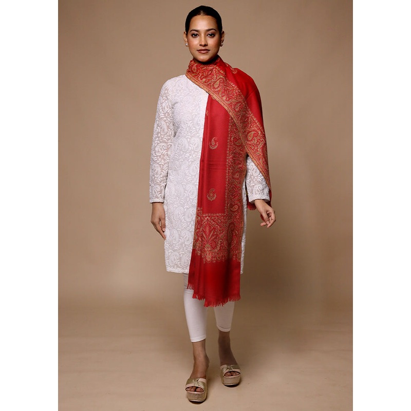 Red Butta Work With Zari Woven Border Shawl - JD986602661
