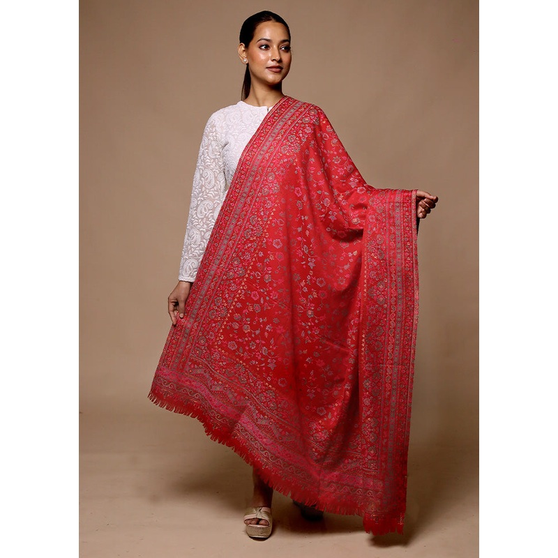 Red Butta Work With Zari Woven Border Shawl - JD986602662