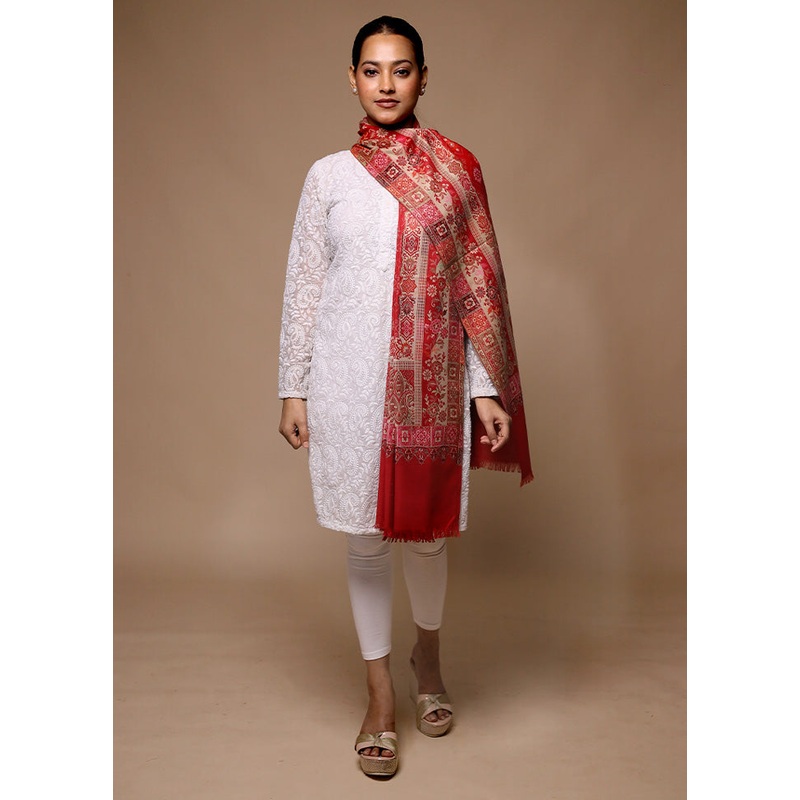 Red Butta Work With Zari Woven Border Shawl - JD986602663