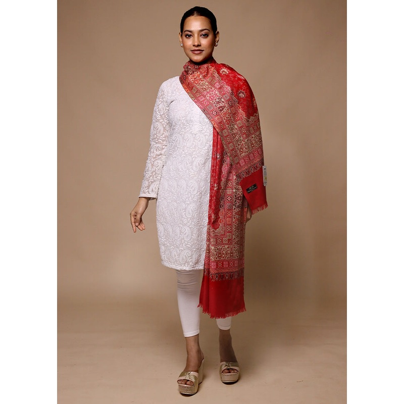 Red Butta Work With Zari Woven Border Shawl - JD986602664