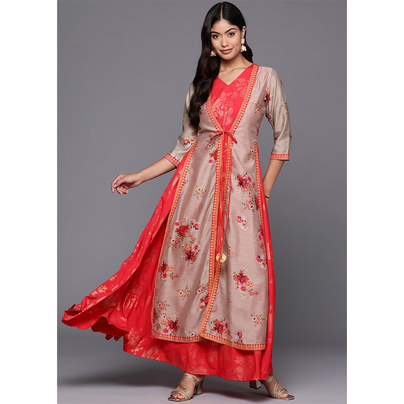 Red Readymade Silk Indian Dress - JD986602515
