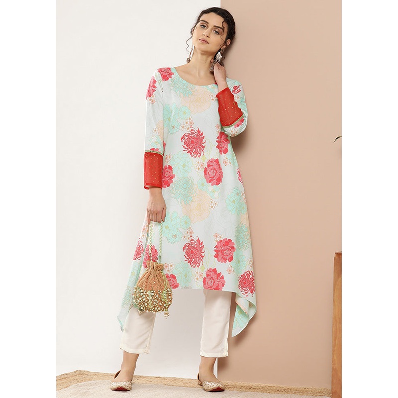 Turquoise Blue Readymade Silk Kurti - JD986602548
