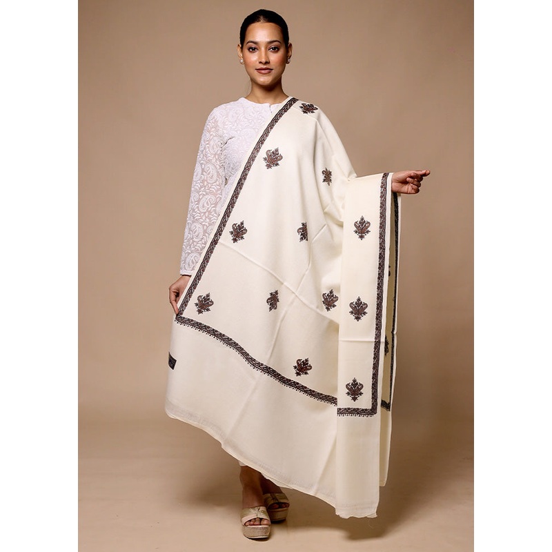 White Butta Work With Zari Woven Border Shawl - JD986602649