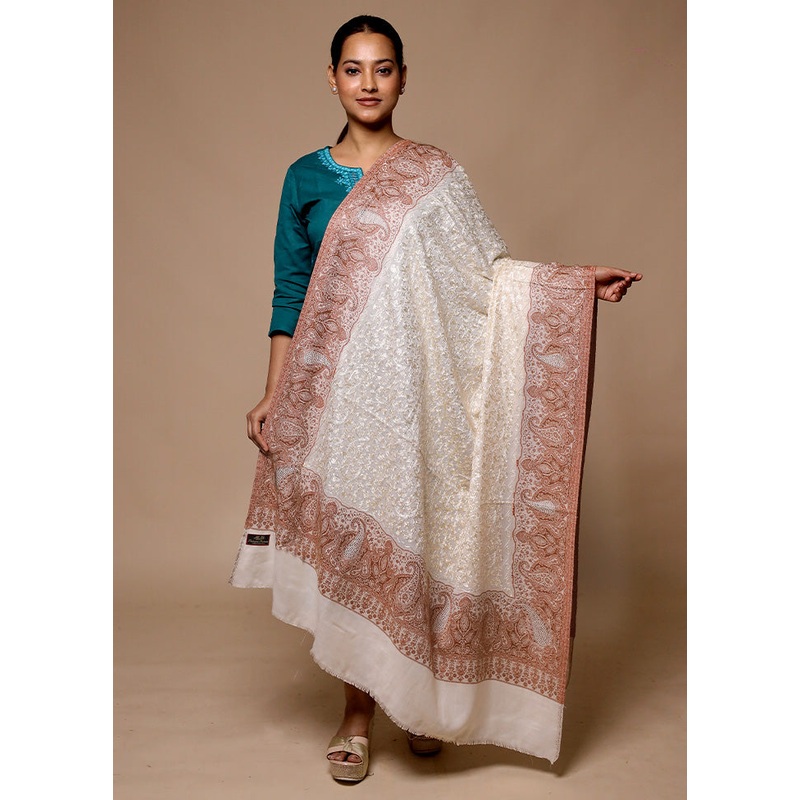 White Butta Work With Zari Woven Border Shawl - JD986602650