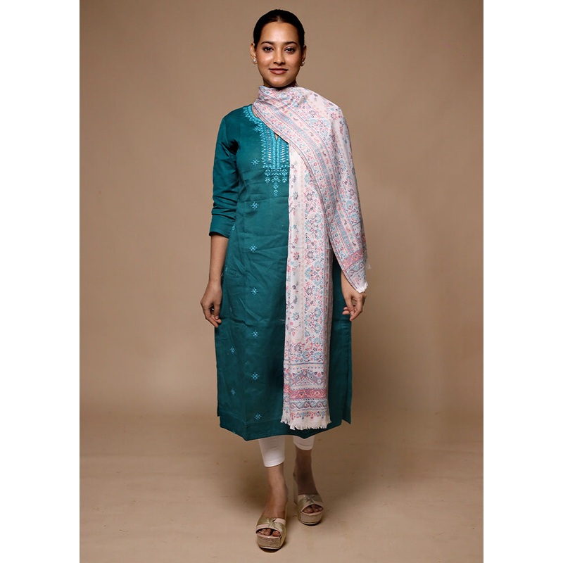 White Butta Work With Zari Woven Border Shawl - JD986602651