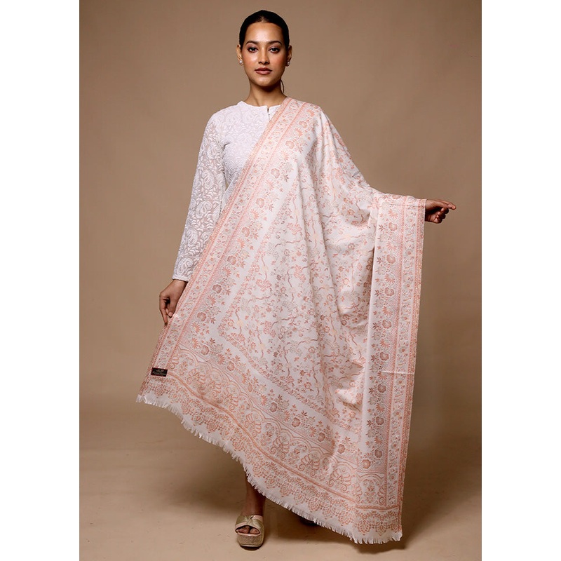 White Butta Work With Zari Woven Border Shawl - JD986602652