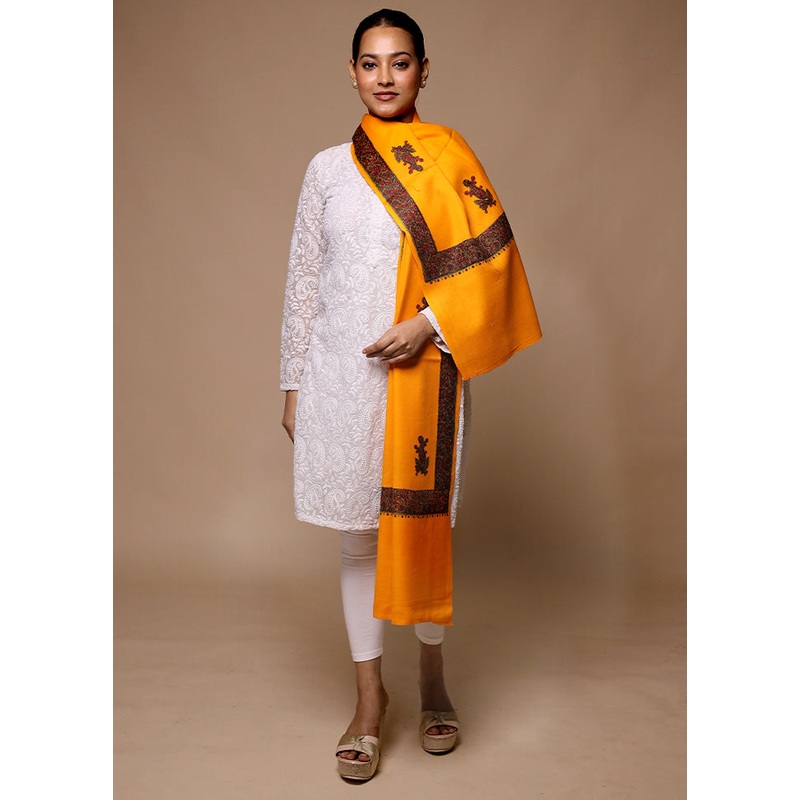 Yellow Butta Work With Zari Woven Border Shawl - JD986602643
