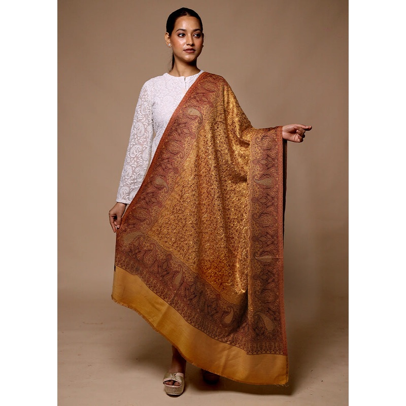 Yellow Butta Work With Zari Woven Border Shawl - JD986602645