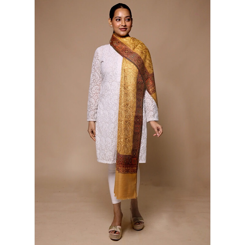 Yellow Butta Work With Zari Woven Border Shawl - JD986602646