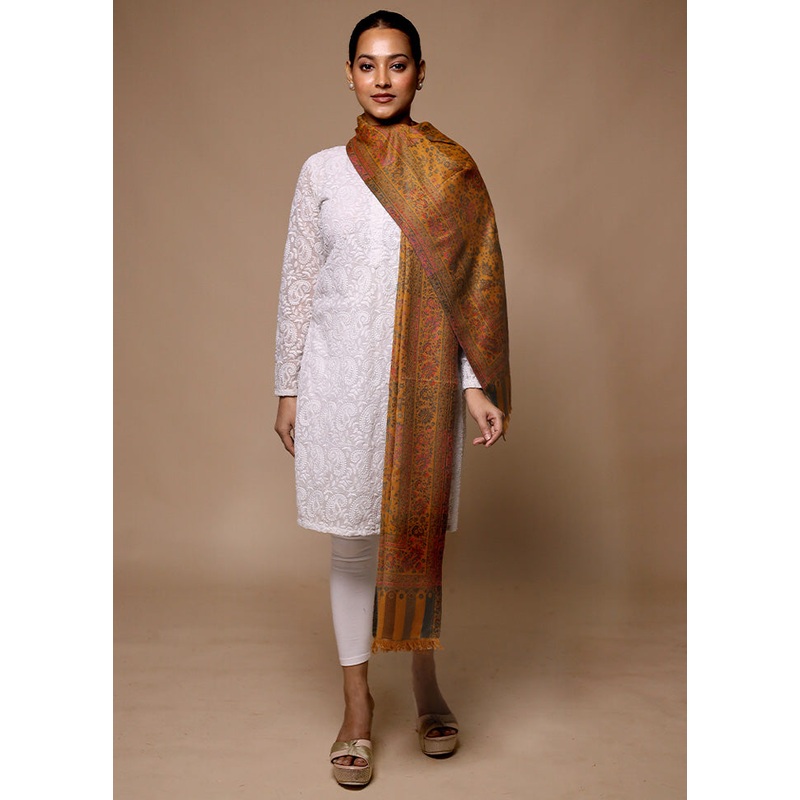 Yellow Butta Work With Zari Woven Border Shawl - JD986602647