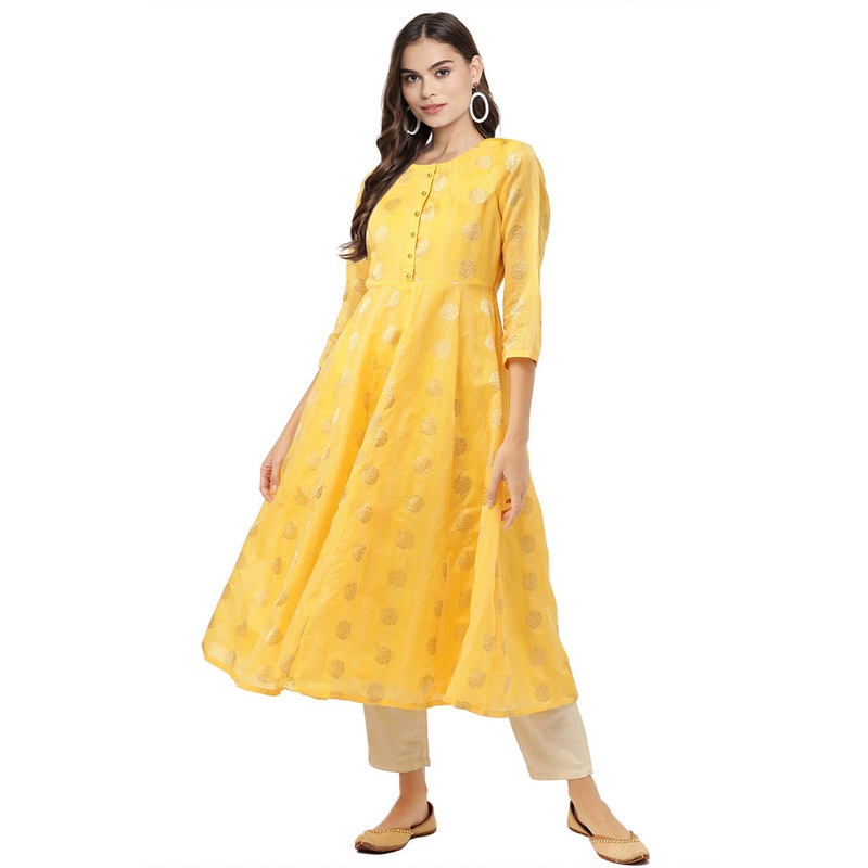 Yellow Readymade Chanderi Kurti - JD986602632