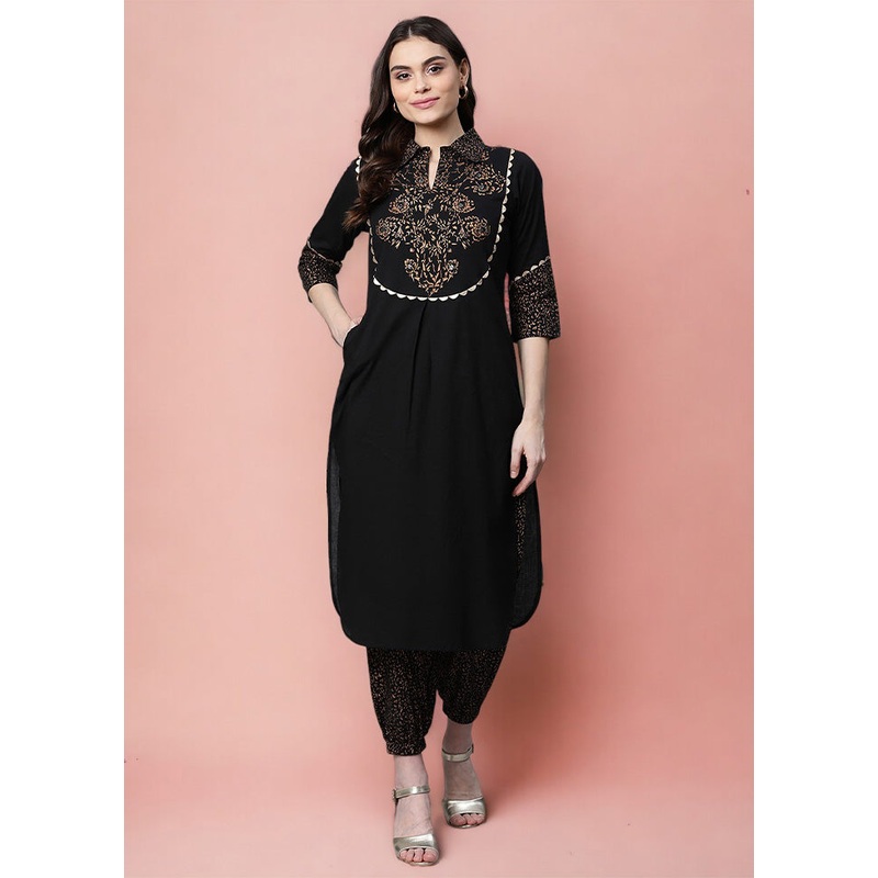 2 Pc Black Pure Readymade Cotton Kurti Set - JD986602435