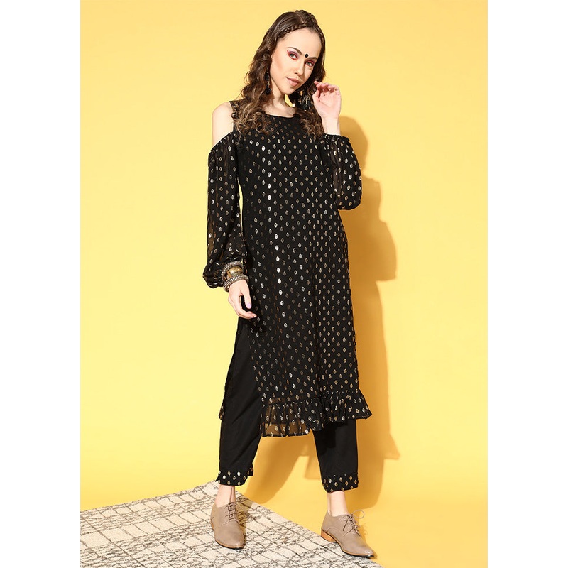 2 Pc Black Readymade Georgette Kurti Set - JD986602434
