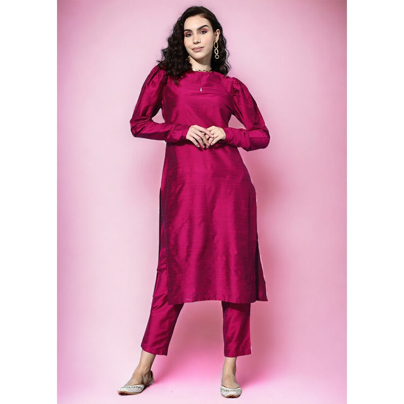 2 Pc Burgundy Readymade Silk Kurti Set - JD986602429