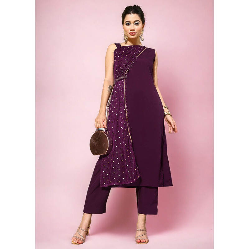 2 Pc Burgundy Readymade Silk Kurti Set - JD986602430