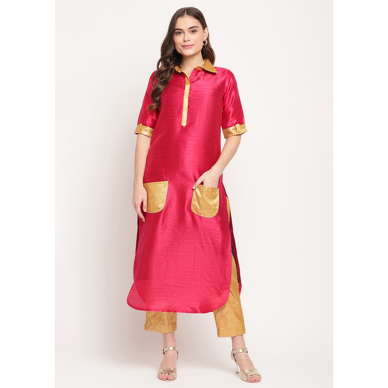 2 Pc Dark Pink Readymade Silk Kurti Set - JD986602426
