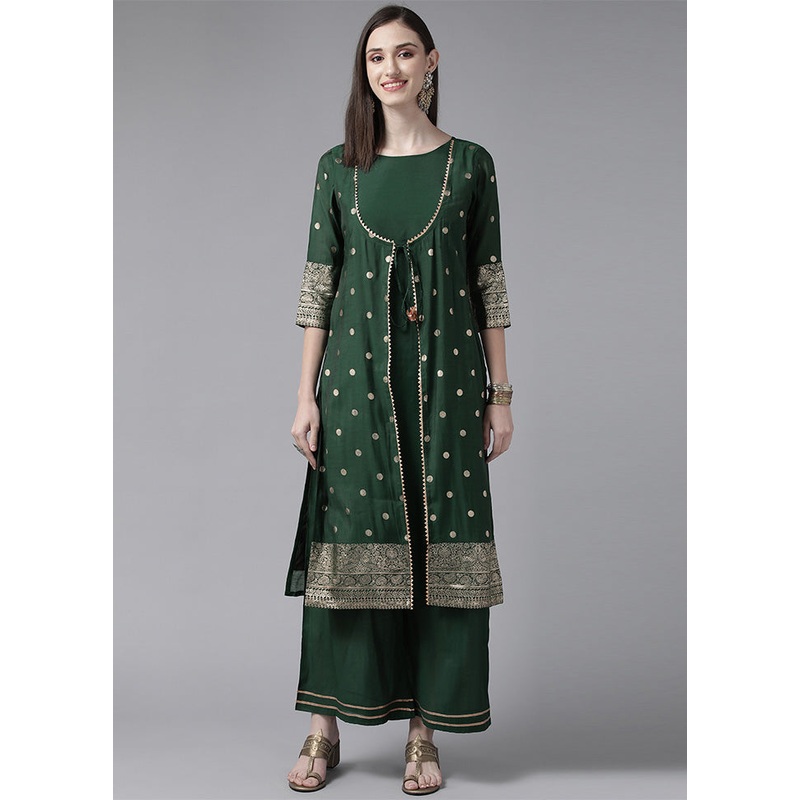 2 Pc Green Readymade Chanderi Kurti Set - JD986602425