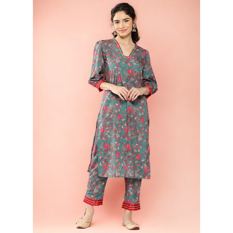 2 Pc Green Readymade Silk Kurti Set - JD986602423