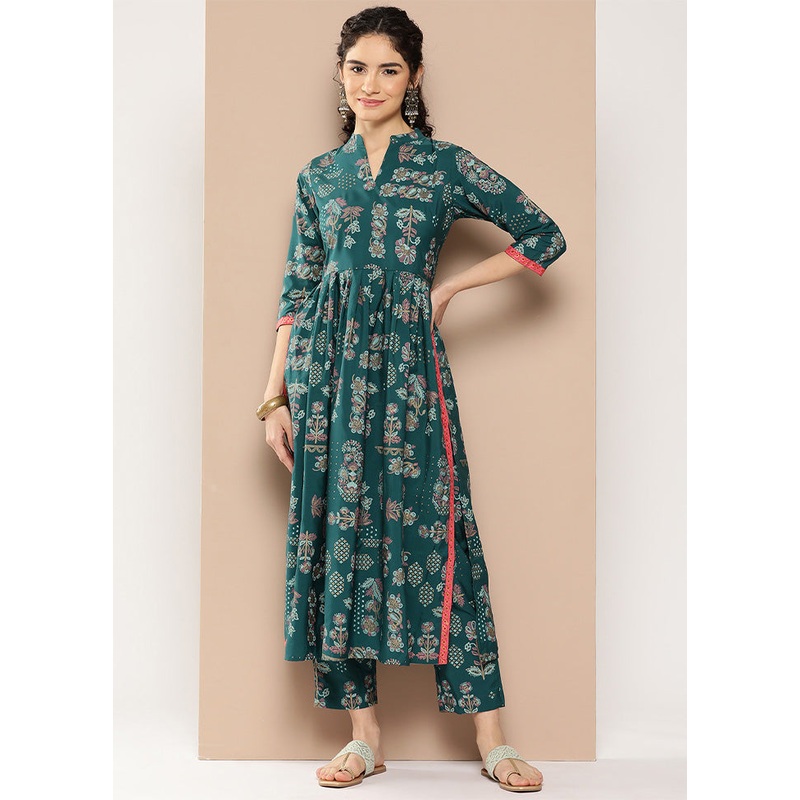 2 Pc Green Readymade Silk Kurti Set - JD986602424