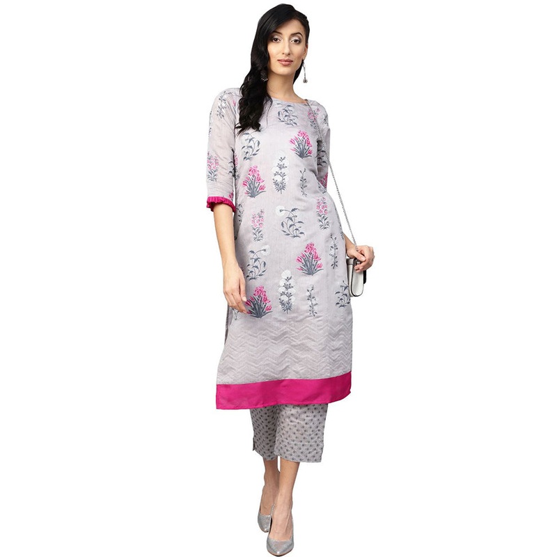 2 Pc Grey Readymade Chanderi Kurti Set - JD986602421