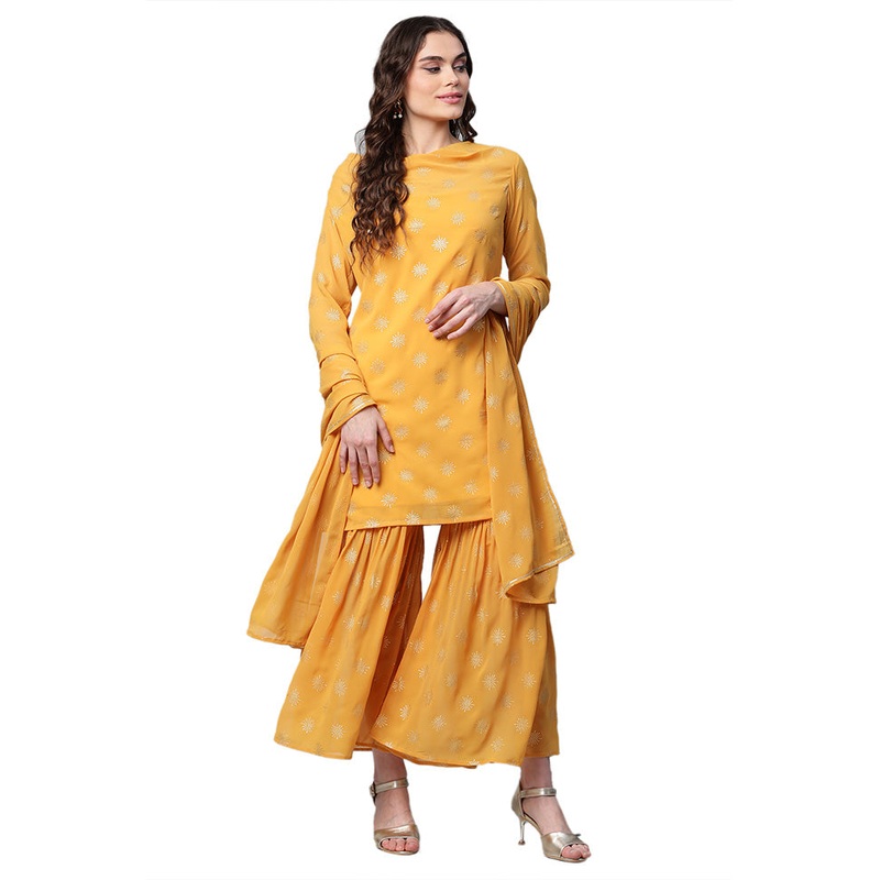 2 Pc Mustard Readymade Georgette Kurti Set - JD986602418