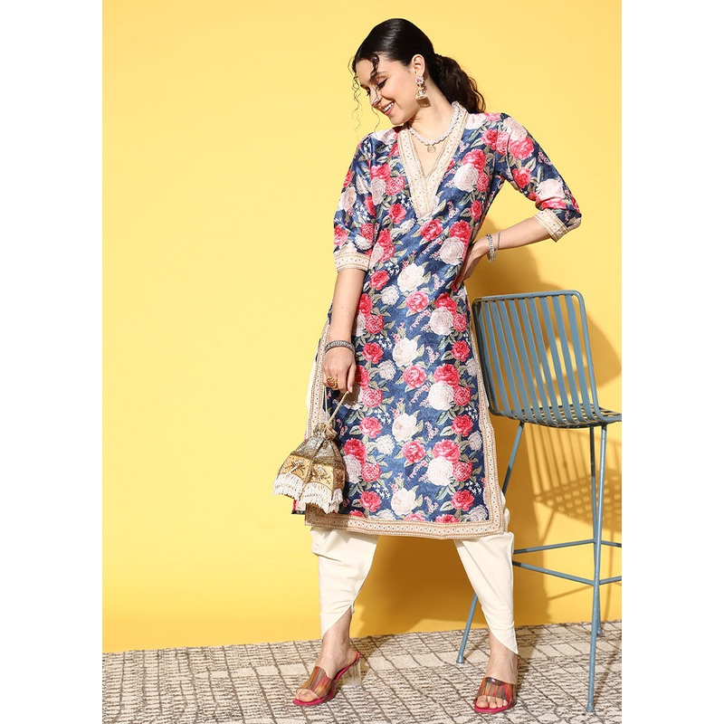 2 Pc Navy Blue Readymade Silk Kurti Set - JD986602417