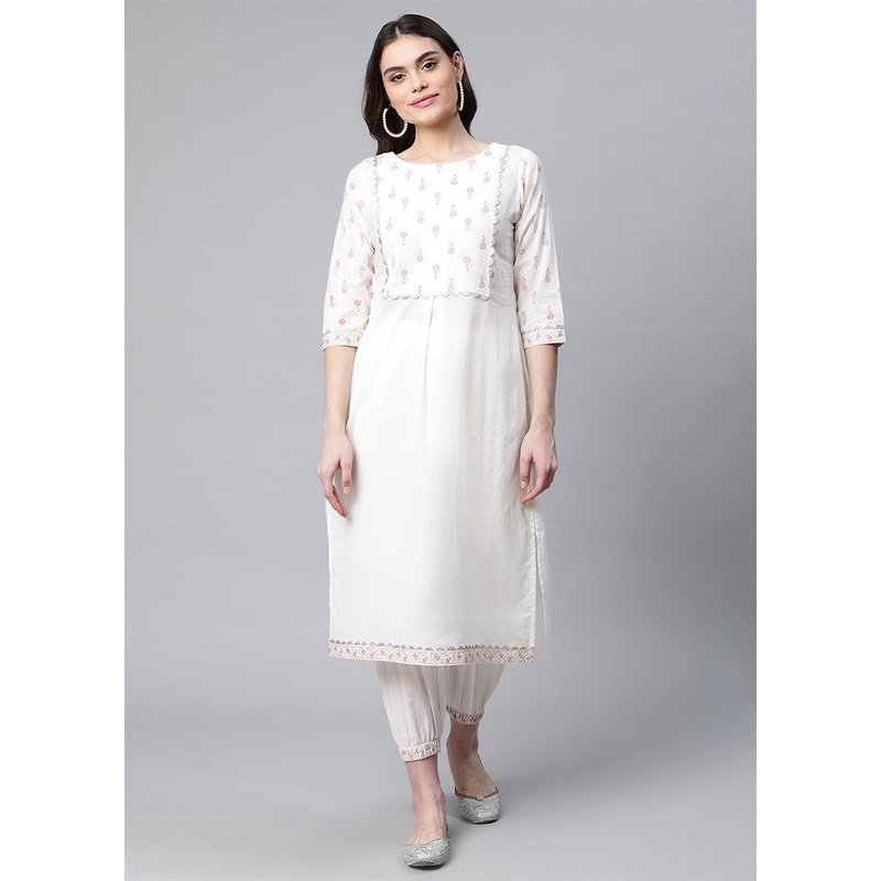 2 Pc Off White Pure Readymade Cotton Kurti Set - JD986602413
