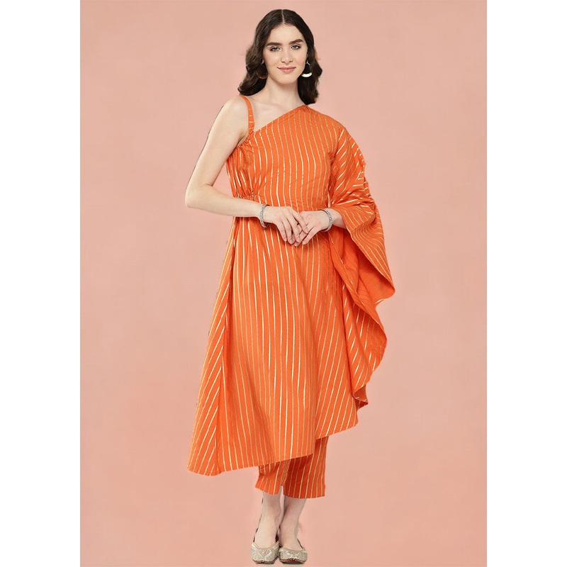 2 Pc Orange Readymade Silk Tunic Set - JD986602328